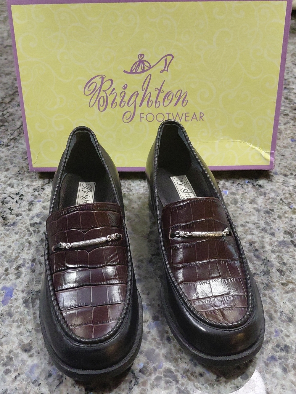 "Brighton" Women’s Black& Burgundy Croc-Embossed Leather Loafers w/ Metal Scroll